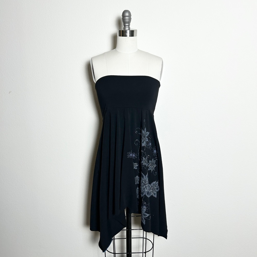 On & On Black Cotton Floral Sequin Y2K Convertible Dress Skirt Women Vintage